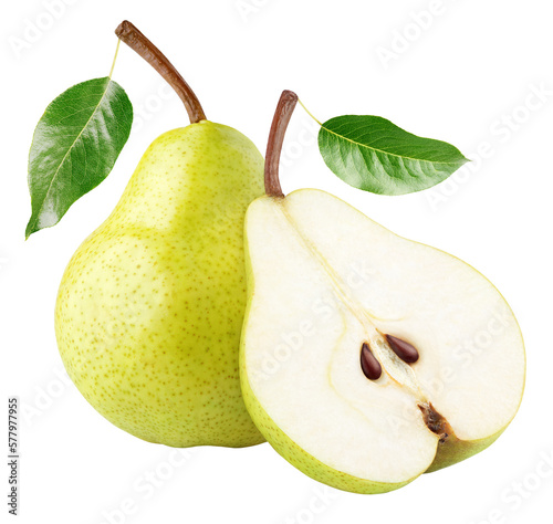 Green yellow pear fruit with pear half and green leaves isolated on transparent background. Full depth of field. photo