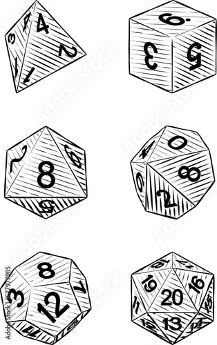 A set of common game dice used for roleplaying RPG or fantasy tabletop board games in a vintage retro woodcut style