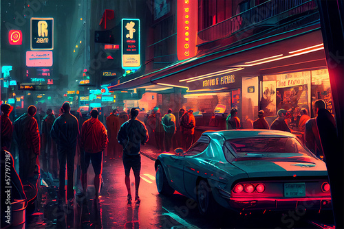 An illustration of a busy street in a futuristic city resembling tokyo with neon lights and cars and people on the street at night, generative ai © Wizart