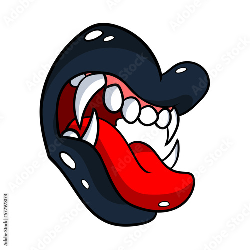 Vampire bite and kiss illustration. Black lips with vampire teeth. Vampire lips for Gothic design. Comic style. Vector illustration isolated on white background.