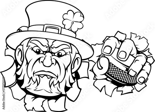 A leprechaun ice hockey sports mascot cartoon character holding a puck
