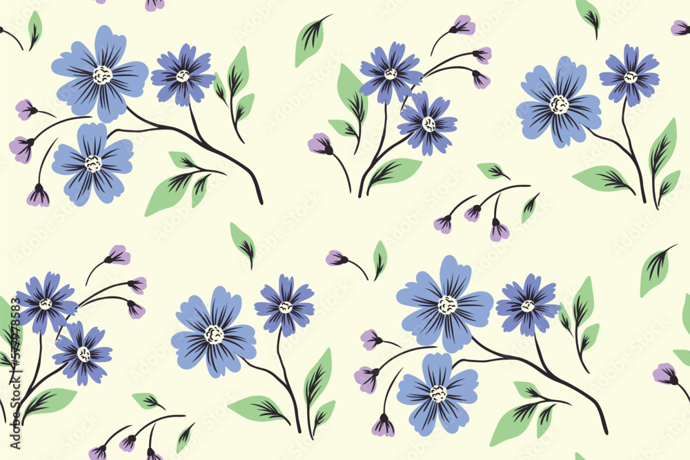 Seamless floral pattern, decorative retro style flower print with rustic motif. Cute botanical design with small hand drawn blue flowers on branches, leaves on a white background. Vector illustration.