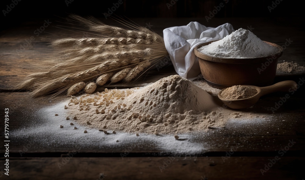 Obraz premium a wooden table topped with a bowl of flour next to a wooden spoon. generative ai