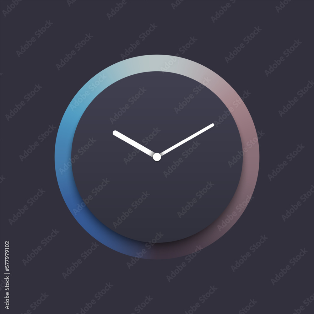 Clock icon in dark mode. Minimal, elegant style. Abstract watch sign. Template design for website, mobile app, ui, ux, advertisement. 3d vector Illustration Clock icon in dark mode. Minimal, elegant style. Abstract watch sign. Template design for website, mobile app, ui, ux, advertisement. 3d vector Illustration