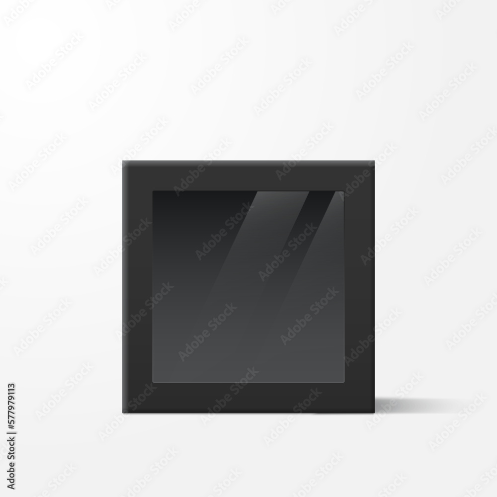 Black cardboard box with transparent window. Realistic blank paper empty box with shadow. Mockup template design for food, gift, electronics. Front view. Retail product package. 3d vector illustration