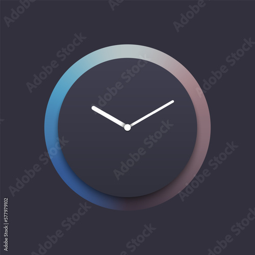 Clock icon in dark mode. Minimal, elegant style. Abstract watch sign. Template design for website, mobile app, ui, ux, advertisement. 3d vector Illustration