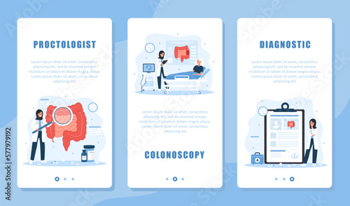 Proctology banner set. Intestine exam and treatment. Arabian female proctologist make diagnosis and choose therapy. Colonoscopy concept. Vector illustration in cartoon style. Prevention of cancer.