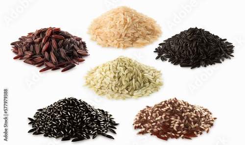  a bunch of different types of rice on a white surface.  generative ai