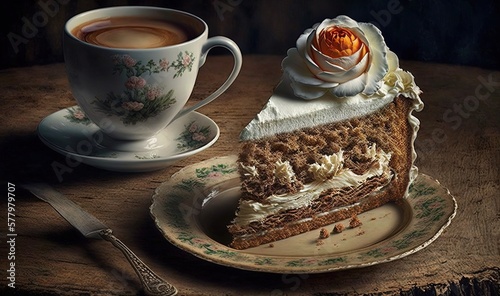  a piece of cake on a plate next to a cup of coffee. generative ai
