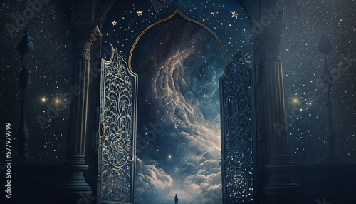 Islamic ramadan greetings background design with ornamental door galaxy sky