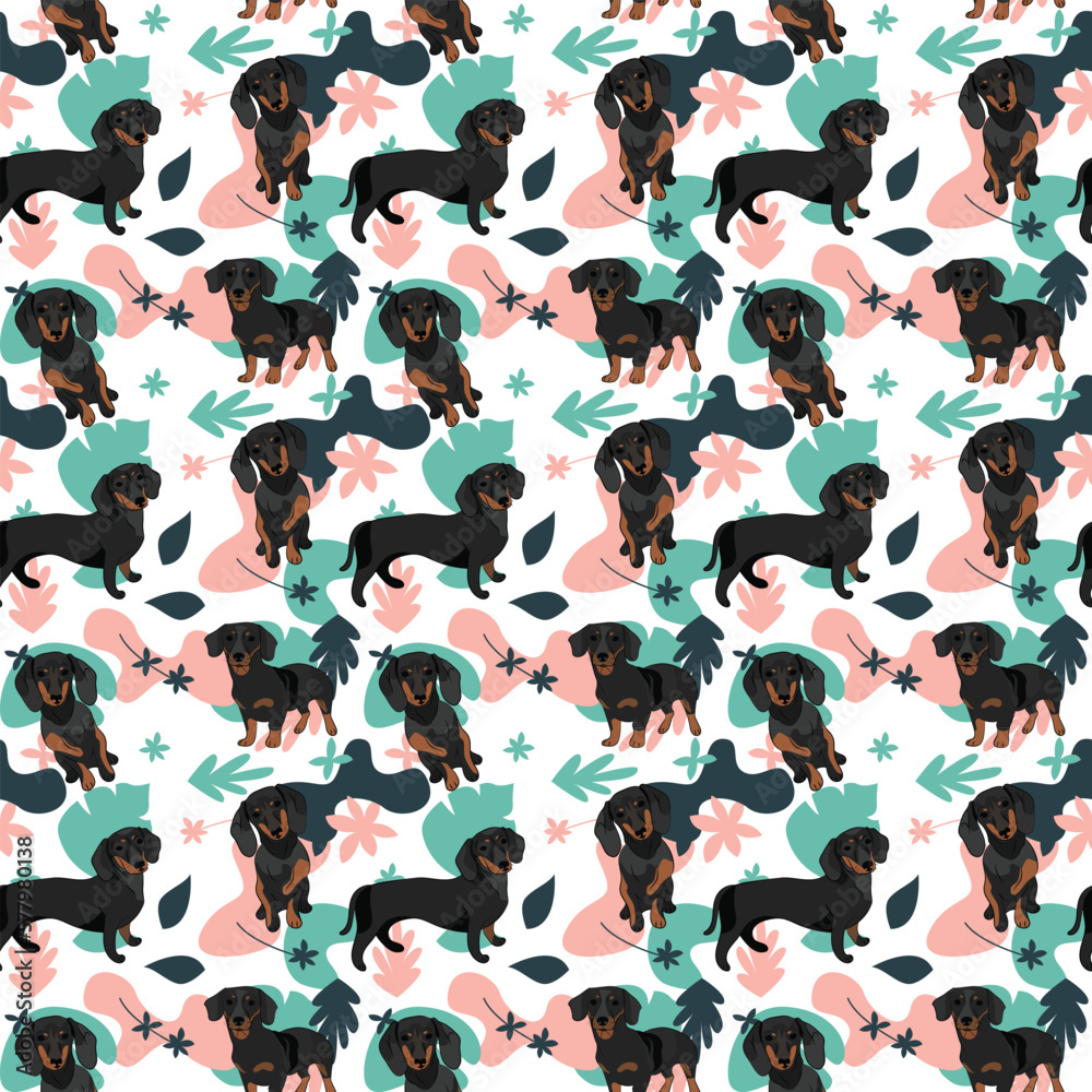 Obraz premium Dachshund dog wallpaper with leaves, palms, flowers, plants. Pastel green, pink, navy. Holiday abstract natural shapes. Seamless floral background with dogs, repeatable pattern. Birthday wallpaper. 