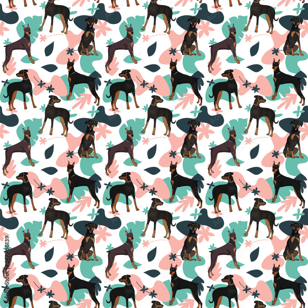Doberman dog wallpaper with leaves, palms, flowers, plants. Pastel green, pink, navy. Holiday abstract natural shapes. Seamless floral background with dogs, repeatable pattern. Birthday wallpaper. 