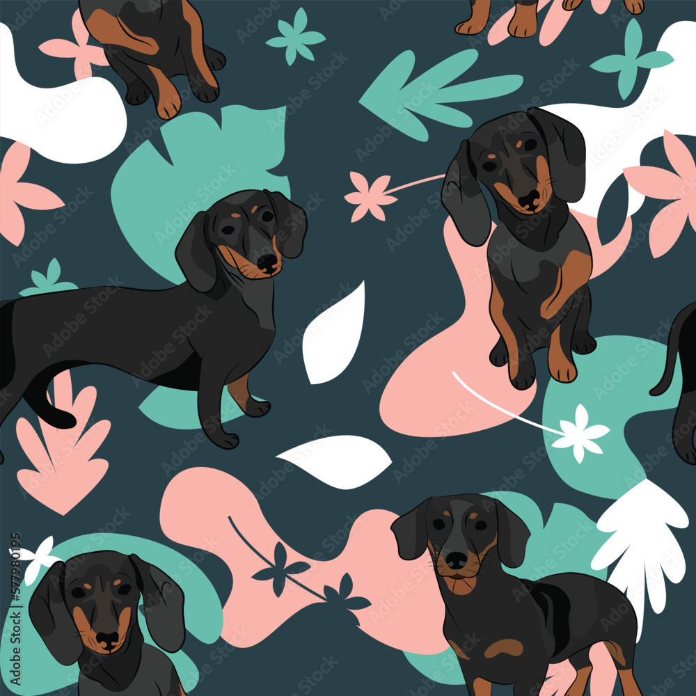 Dachshund dog wallpaper with leaves, palms, flowers, plants. Pastel green, pink, navy. Holiday abstract natural shapes. Seamless floral background with dogs, repeatable pattern. Birthday wallpaper. 
