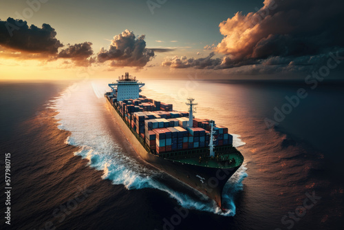 Fotografia Aerial view to cargo ship with containers on deck in open sea on beautiful sunset, cargo transportation