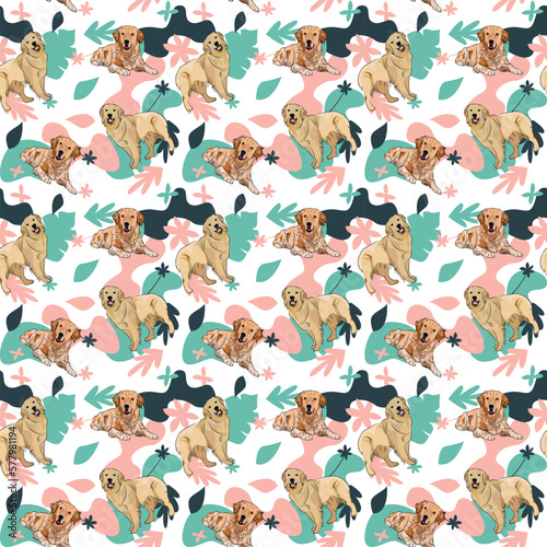 Golden Retriever dog wallpaper with leaves, palms, flowers, plants. Pastel green, pink, navy. Holiday abstract natural shapes. Seamless floral background with dogs, repeatable pattern.Birthday.