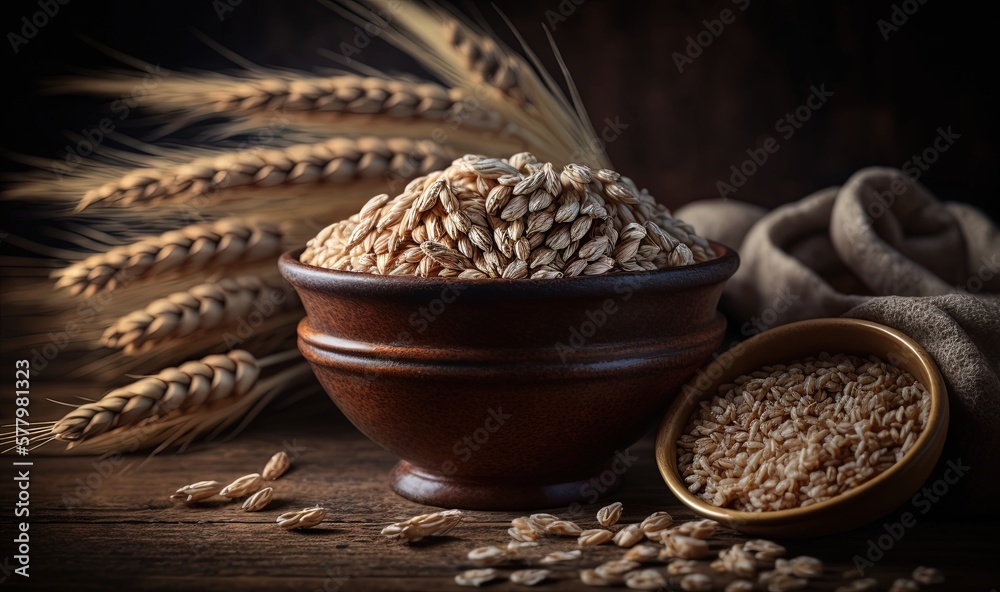 a wooden bowl filled with wheat next to a pile of wheat. generative ai a wooden bowl filled with wheat next to a pile of wheat. generative ai