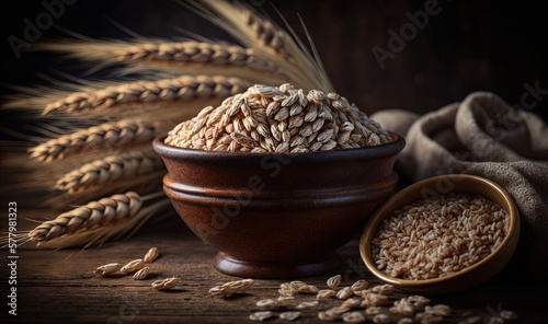  a wooden bowl filled with wheat next to a pile of wheat.  generative ai