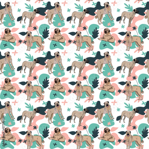 Kangal dog wallpaper with leaves, palms, flowers, plants. Pastel green, pink, navy. Holiday abstract natural shapes. Seamless floral background with dogs, repeatable pattern. Birthday wallpaper. 