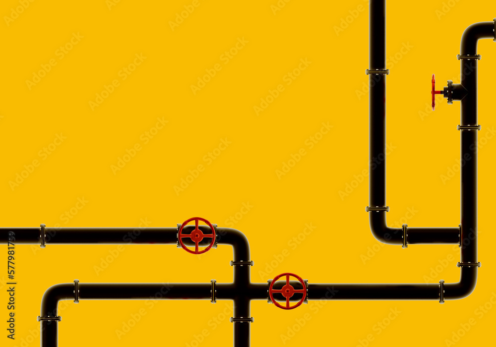Metal pipes. Gas pipeline. Steel pipes on yellow. Black piping with valves. Place for inscription. Sewer pipes. Pipeline of engineering communications. Background with plumbing. 3d image. Metal pipes. Gas pipeline. Steel pipes on yellow. Black piping with valves. Place for inscription. Sewer pipes. Pipeline of engineering communications. Background with plumbing. 3d image.