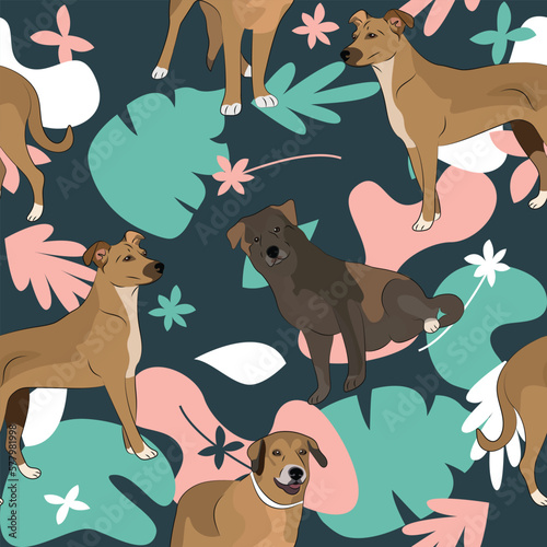Mongrel dog wallpaper with leaves, palms, flowers, plants. Pastel green, pink, navy. Holiday abstract natural shapes. Seamless floral background with dogs, repeatable pattern. Birthday wallpaper. 