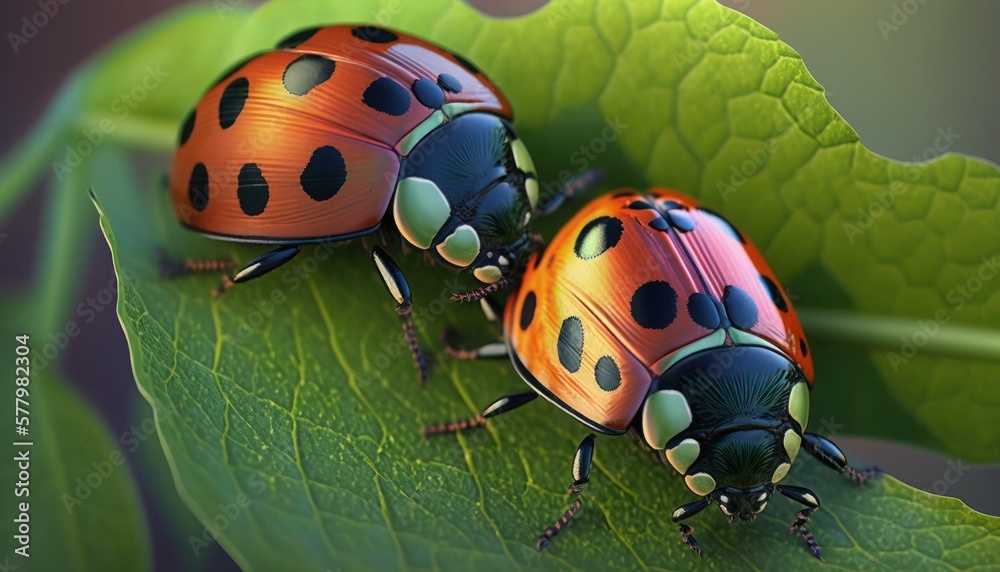 Ladybugs ladybirds on green leaf, generative ai Ladybugs ladybirds on green leaf, generative ai