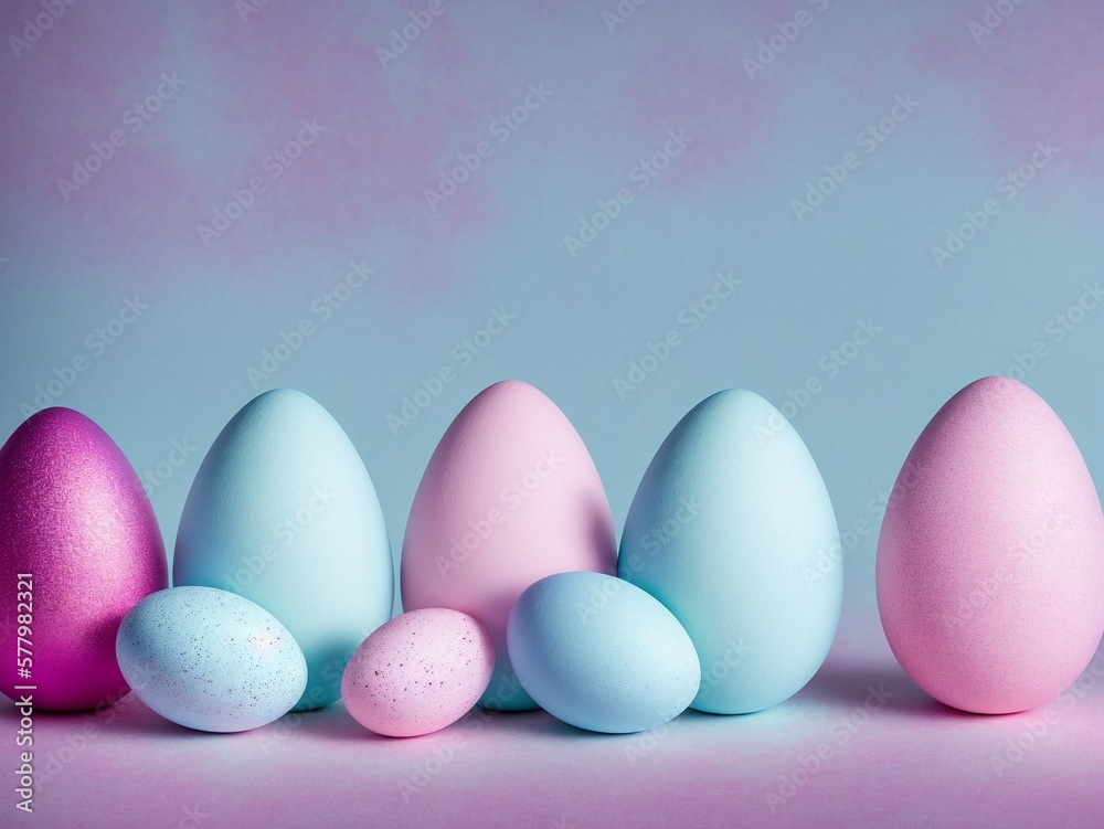 Pretty Pink and Blue Pastel Easter Eggs in Colorful Cute Colors with a Sparkling Pink Glittery Egg in an Easter Themed Spring Scene Created with Generative AI and Other Techniques Pretty Pink and Blue Pastel Easter Eggs in Colorful Cute Colors with a Sparkling Pink Glittery Egg in an Easter Themed Spring Scene Created with Generative AI and Other Techniques