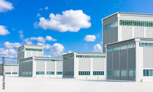 Industrial area. Production building under blue sky. Summer industrial landscape. Production hangars with spacious concrete platform. Territory of factory or plant. Warehouse hangars. 3d image.