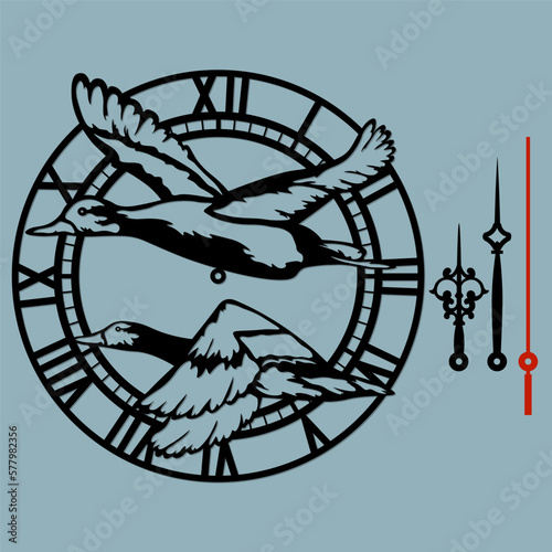Beautiful clock with birds laser cut. Ducks in flight. Vector silhouette, stencil, laser cutting.