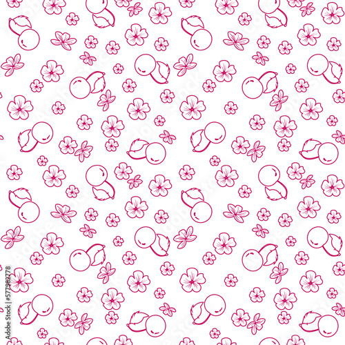 Seamless wallpaper with ornament in form of red cherry berries and flowers, contour drawing in doodles on white background. Cute pattern for wallpaper, cover, fabric, printing, packaging, wrapping  © Ольга Федоренко