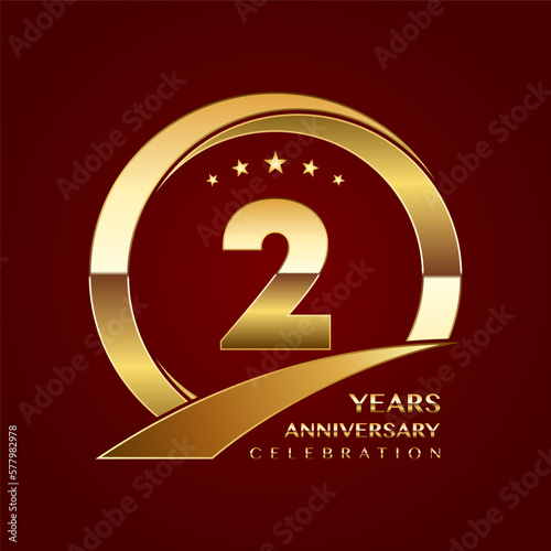 2nd Anniversary logo design with shiny gold ring style. Logo Vector Template