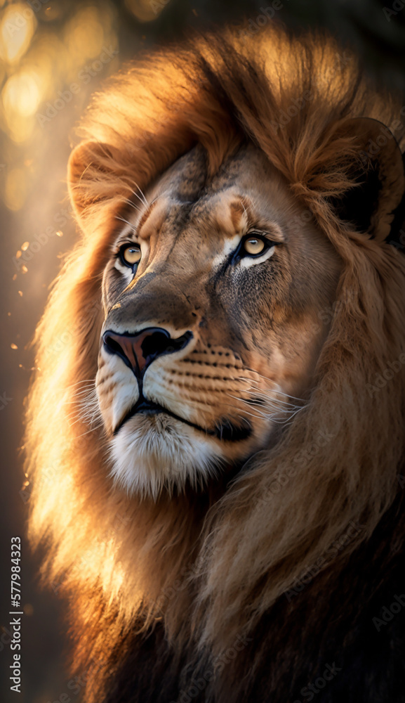 Portrait of a male lion in Africa. Beautiful safari animal and family
