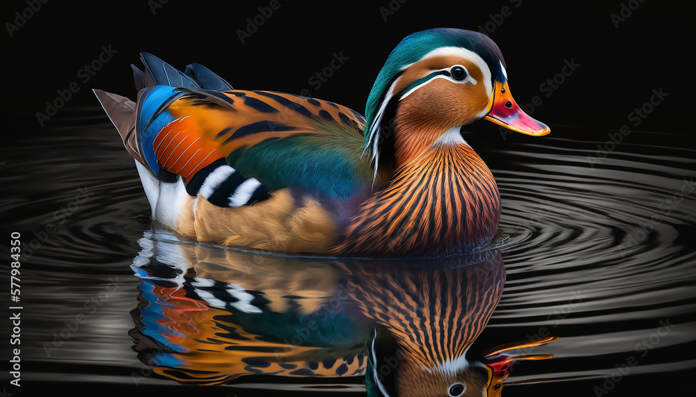 Portrait of a Mandarin Duck swimming on the water. Wildlife poster and ...