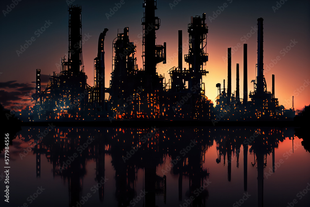 Oil refinery silhouette in magnificent sunset.