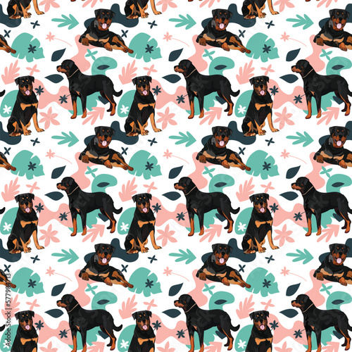 Rottweiler dog wallpaper with leaves, palms, flowers, plants. Pastel green, pink, navy. Holiday abstract natural shapes. Seamless floral background with dogs, repeatable pattern. Birthday wallpaper. 