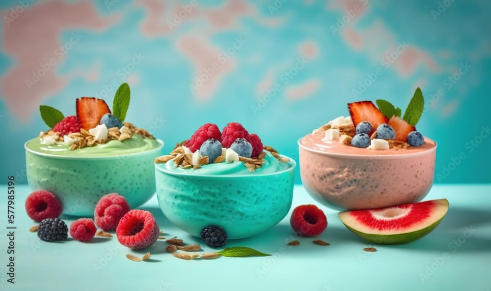three bowls of fruit and yogurt on a blue table with a blue sky in the background and a pink and blue background with white clouds. generative ai three bowls of fruit and yogurt on a blue table with a blue sky in the background and a pink and blue background with white clouds. generative ai