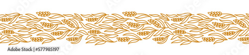 Design element for bakery. Floral horizontal line ornament. Spikelets and ears of wheat. Editable outline stroke. Vector line.