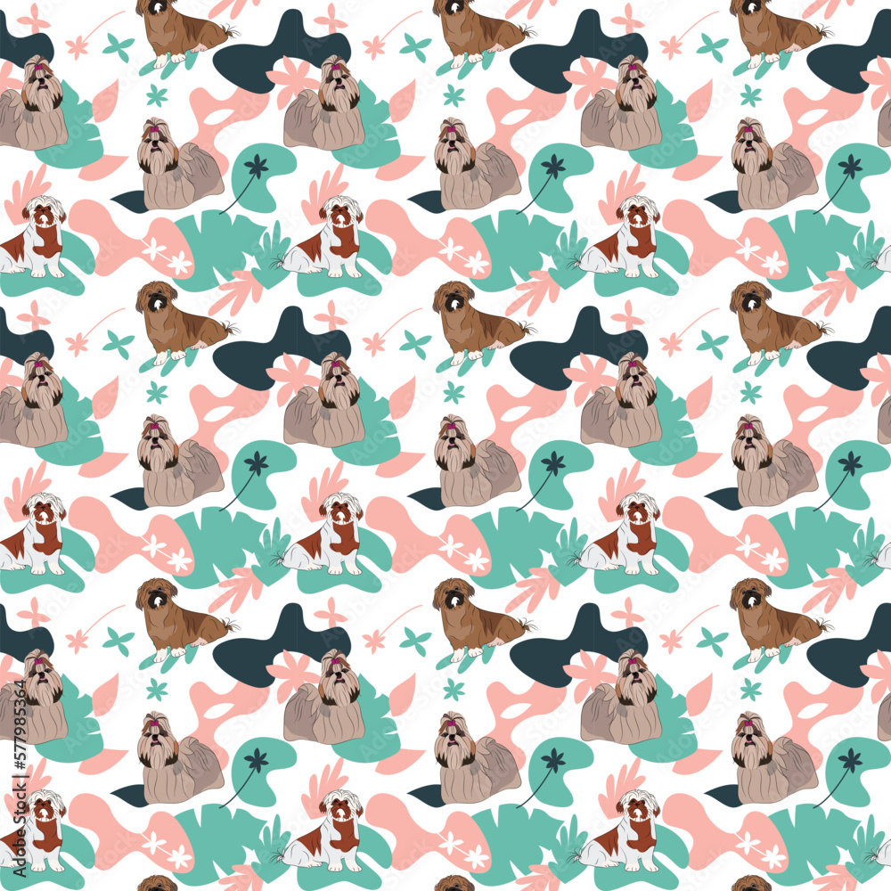Shih Tzu dog wallpaper with leaves, palms, flowers, plants. Pastel green, pink, navy. Holiday abstract natural shapes. Seamless floral background with dogs, repeatable pattern. Birthday wallpaper. 