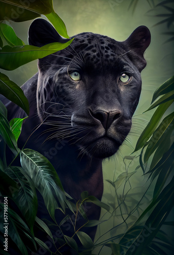 Portrait of a panther in dense thickets in the jungle. AI generated
