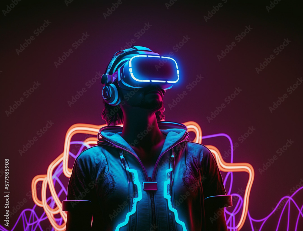 Young man with neon lights wearing VR headset and experiencing virtual reality simulation, metaverse and fantasy world. Young man with neon lights wearing VR headset and experiencing virtual reality simulation, metaverse and fantasy world.