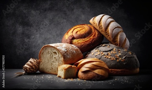  a bunch of breads that are sitting on a counter top with a dark background and a few more breads on the counter top. generative ai