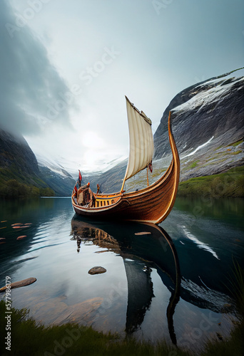 Viking ship in a picturesque place. AI generated