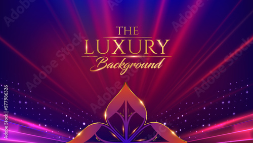 Golden Blue Pink Award Background. Leaf Flower Lotus Traditional Rays Sparkle Glowing Effect. Jubilee Night Decorative Invitation. New Trend Shining Marketing Visual.