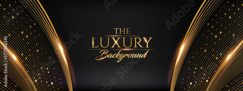 Golden Black Side Curve Lines Dotted Award Background. Traditional Style Sparkle Glowing Effect. Wedding Jubilee Night Decorative Invitation. Luxury Entertainment Hollywood Bollywood Template Design. 