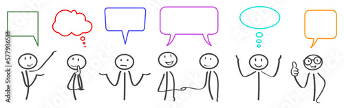 Business meeting, stick figures, corporate, communication, bubbles for text, bubbles with thoughts - vector