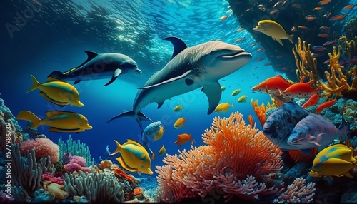 Canvastavla Dolphins and a reef undersea environment