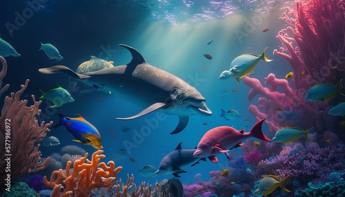 Dolphins and a reef undersea environment. electronic collage images as wallpaper. © Concept Killer