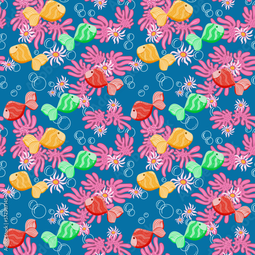 Seamless pattern  seabed wallpaper with funny colorful fish painted on dark blue background with corals and reefs. Vector illustration of flat doodle style. Wallpaper design  fabric  printing  