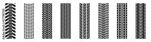 Machinery tires track set, tire ground imprints isolated, vehicles tires footprints, tread brushes, seamless transport ground trace or marks textures, wheel treads - for stock