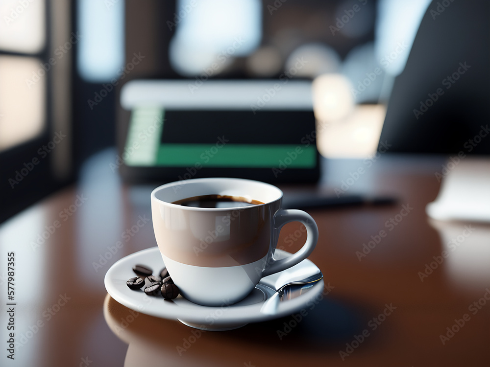 Coffee cup on an office desk with beans in the saucer, out of focus background, of, depth of field Coffee cup on an office desk with beans in the saucer, out of focus background, of, depth of field
