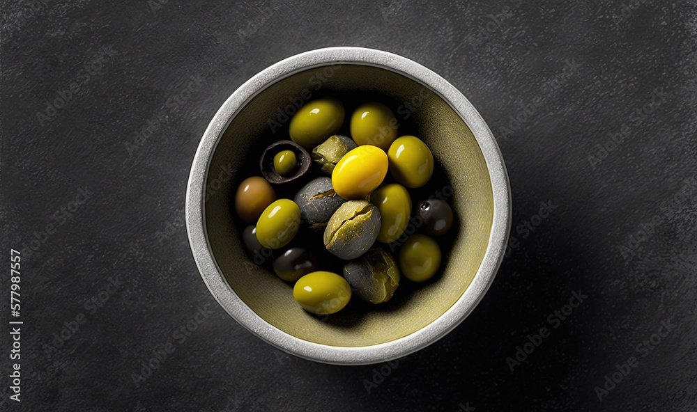 a white bowl filled with olives on top of a black counter top next to a knife and a bowl of olives on the side. generative ai a white bowl filled with olives on top of a black counter top next to a knife and a bowl of olives on the side. generative ai